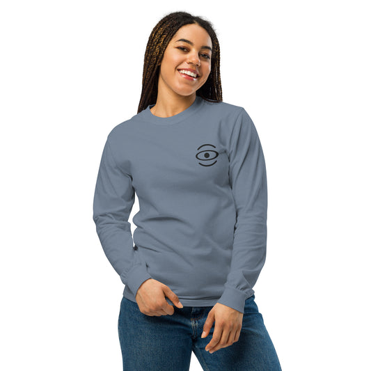 Jaha Logo Garment-Dyed Heavyweight Long Sleeve T Shirt w Embroidered Left Chest & Back Print - Smoke Signal Black
