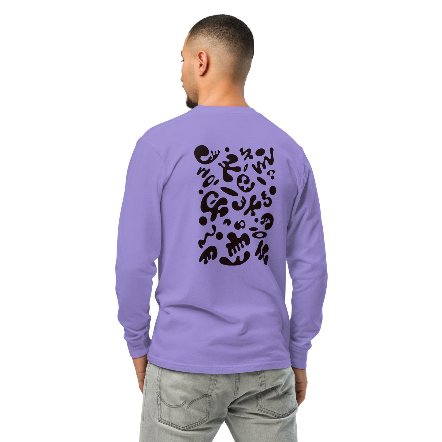 Jaha Logo Garment-Dyed Heavyweight Long Sleeve T Shirt w Embroidered Left Chest & Back Print - Smoke Signal Black